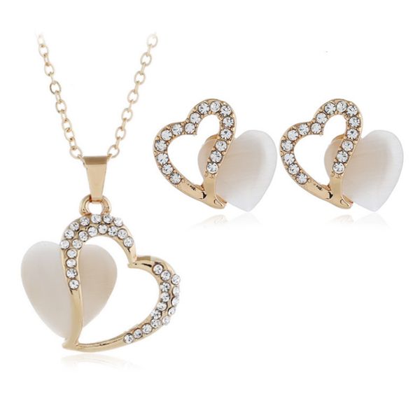 

10 набор романтический стиль love heart cat eye камень ожерелье серьги для женщин розового золота гальваническим комплект ювелирных изделий, Silver
