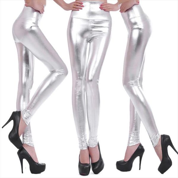 

fashion women shiny silver gold leggings high waisted faux leather stretch pencil pants drop shipping good quality, Black