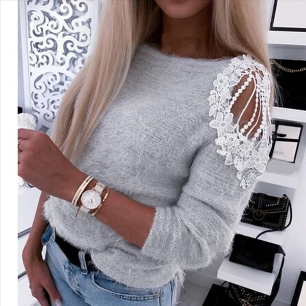 

fashion lace solid plush blouse off shoulder casual autumn winter ladies o neck female women long sleeve shirt blusas pullover, White