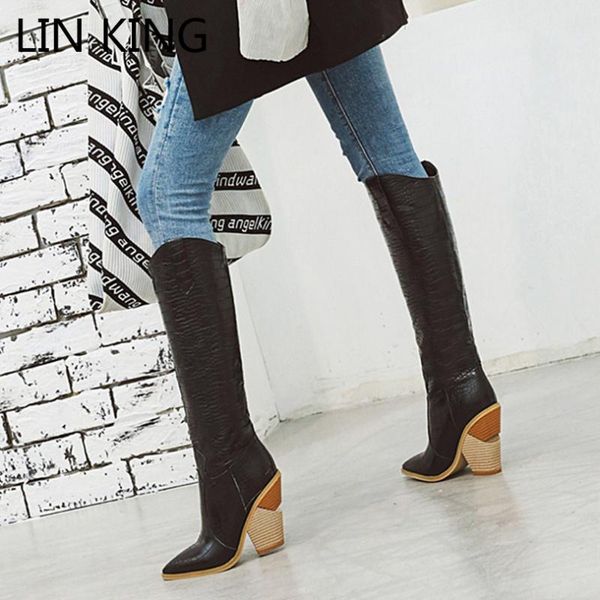 

lin king vintage твердых женщины мотоцикла сапоги квадратного каблук knight boots sexy крокодил зерно высокого каблук длинного botas плюс ра, Black