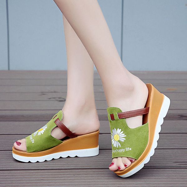 

women green black embroidery wedges slides sandals for female sun flower beach flip flop shoe mujer summer new