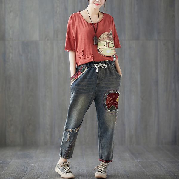 

plus size embroidery elastic waist loose harem jeans autumn new vintage patch ripped women cottton denim pants loose trousers, Blue