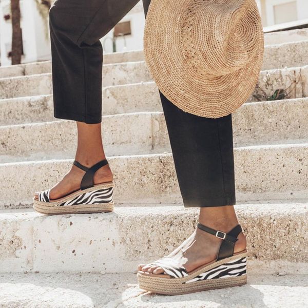 

animal pattern women platform sandal for women peep toe high wedges heel ankle buckles sandalia espadrilles female sandals shoes, Black