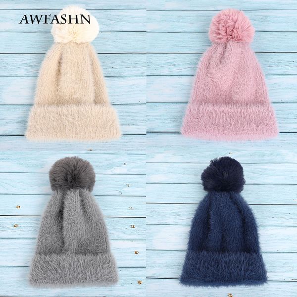 

fashion lady angora wool knit beanies hat solid color pom-pom pinter woman hat soft warm plush slouchy skullies new, Blue;gray