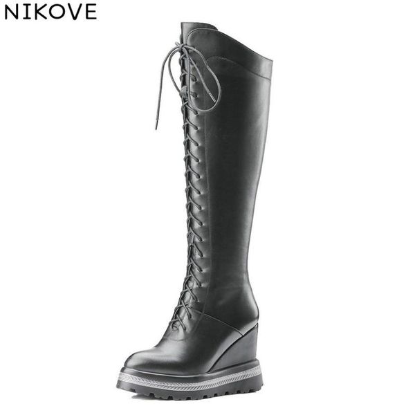 

nikove 2020 women knee high boots motorcycle boots zipper pointed toe wedges high heels cow leather pu woman size 34-42, Black