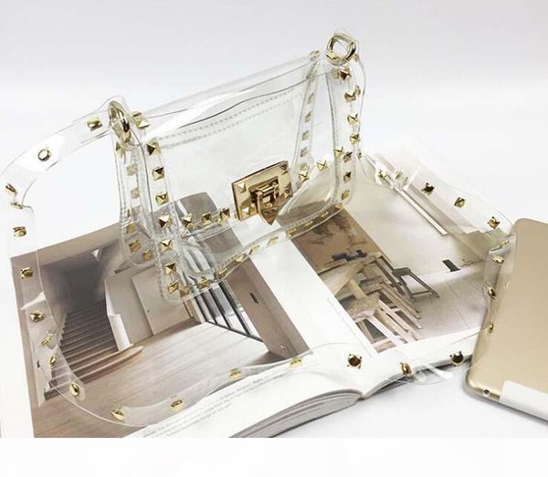

3pcs 2017 new fashion pvc transparent bag clear rivet tote shoulder bag women messenger cross bag
