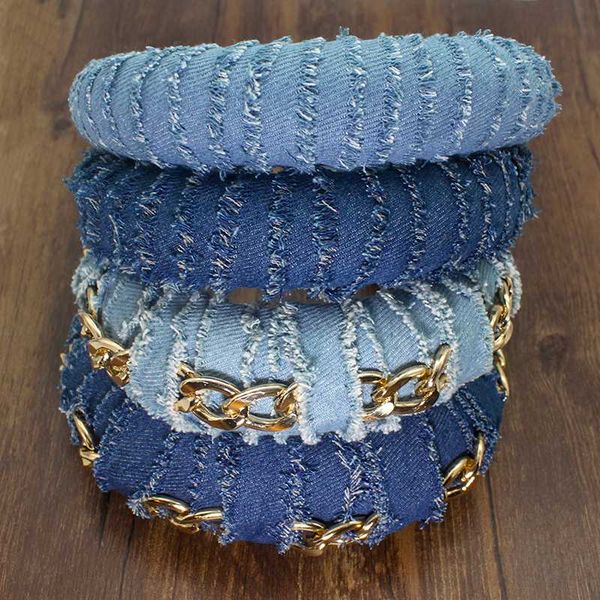 

2020 new denim fabric padded solid blue hairband ornament oval chain sponge women girls party headband fashion hair accessories, Golden;silver