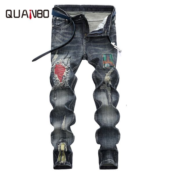 

quanbo new arrival men's jeans 2020 autumn winter slim fit stretch nostalgia hole jeans fashion moto & biker retro denim pants, Blue