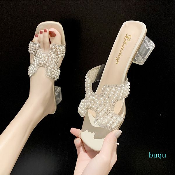 

rhinestone mid heel sandals and slippers women 2020 summer women's shoes casual fashion fairy style pearl word slippers women, Black