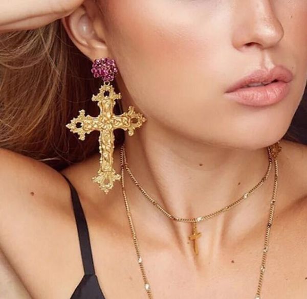 

retro baroque 14k gold crosses earrings long dangle drop earrings women girl runway look charm jewelry accessories, Silver
