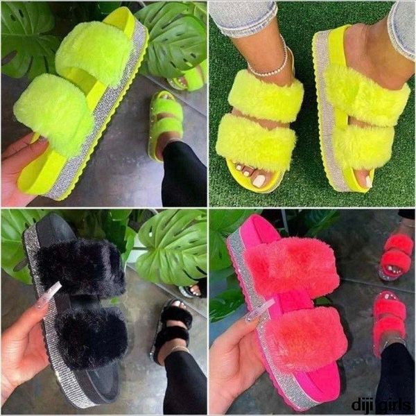 

women fur slippers summer furry slides female fluffy indoor shoes women's bling fuzzy slide house sliders wholesale dropshipping, Black