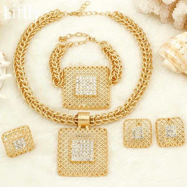 

liffly bridal gift fashion african jewelry sets big chain pendant necklace dubai gold jewelry set for women y200810, Slivery;golden