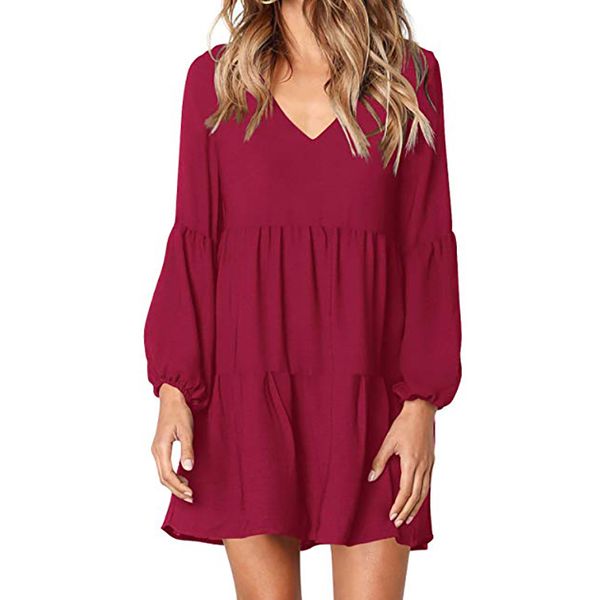 

women solid color wild v collar temperament slim waist slim casual dress, Black;gray