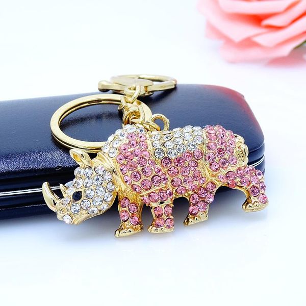 

2020 spring new rhino-shaped key ring personality rhinestone paint keychain backpack handbag charm memorial gift, Silver