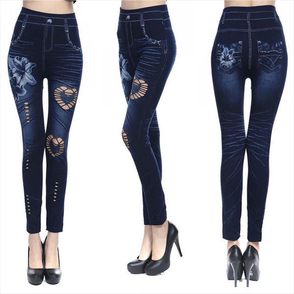 

2020 women leggings fashion casual floral print hollow out faux denim leggin skinny pencil pants plus size 3xl bottom, Black