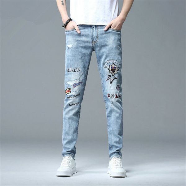 

new fashion men's slim jeans, casual printed letters pudding denim casual trousers, men's jeans new style jeans designer motorcycl, Blue