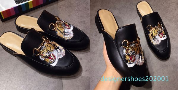 

new mules princetown men women fur slippers mules flats genuine leather designer fashion metal chain ladies casual shoe d01, Black
