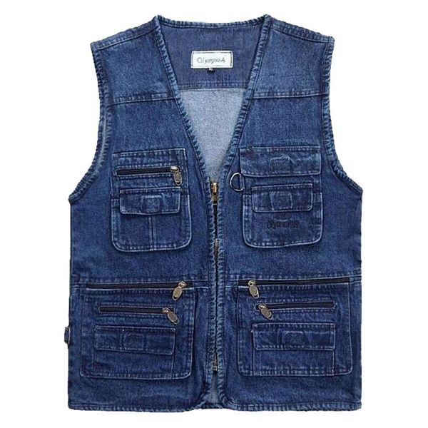 

jacket big size v-neck classic multi denim work vest mens solid casual waistcoat with many pockets fishing vest sleeveless, Black;brown