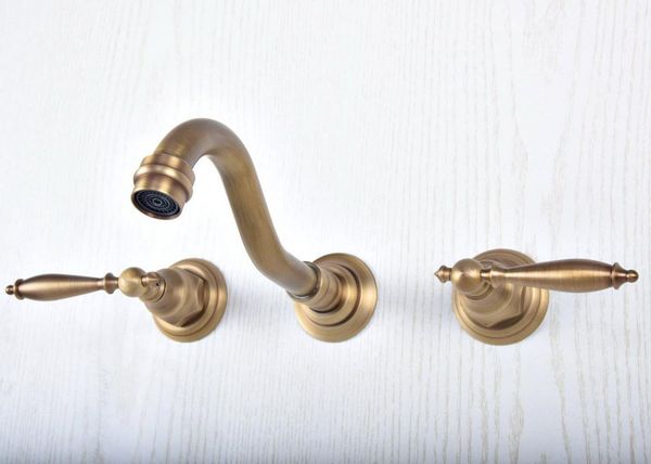 

antique brass widespread wall mounted dual handle bathroom sink faucet taps lsf