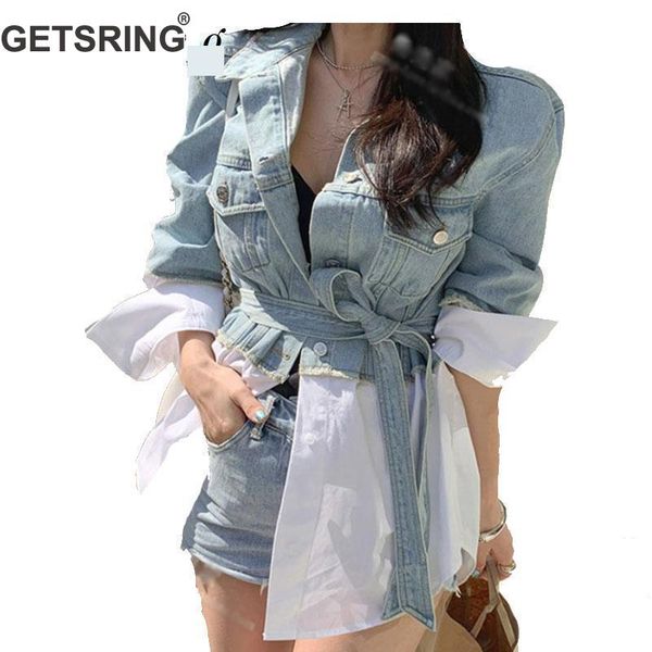 

getsring women denim jacket denim coat long sleeve lace up ladies patchwork fake two woman jean jacket woman autumn 2020, Black;brown