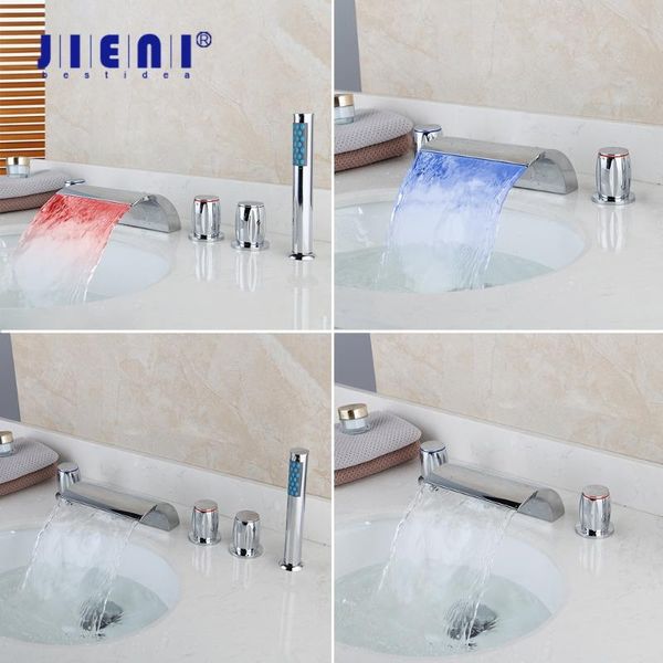 

bathroom sink faucets jieni led waterfall bathtub faucet deck mounted chrome brass washbasin tap 5 pcs set flush water mixer taps
