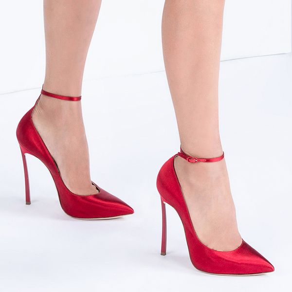 

elegance2020 autumn spring and decent satin pointed high heel ankle thin strap shallow mouth all-match women's shoes catwal, Black