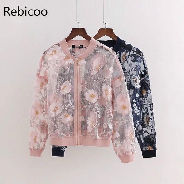 

rebicoo new womens summer floral embroidery lightweight bomber jacket coat wholesale, Black;brown