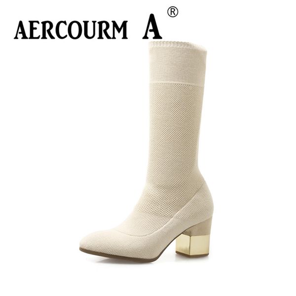 

aercourm a women autumn knitting boots lady slip-on boots women basic shoes solid rond toe high heels breathable shoes, Black