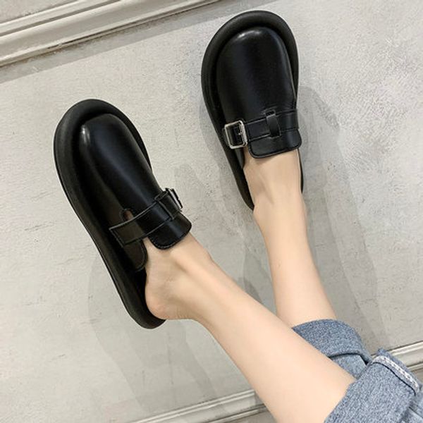 

flat bottom baotou drag 2020 summer new patent leather belt buckle net infrared wear fashion wild big head slippers female trend, Black