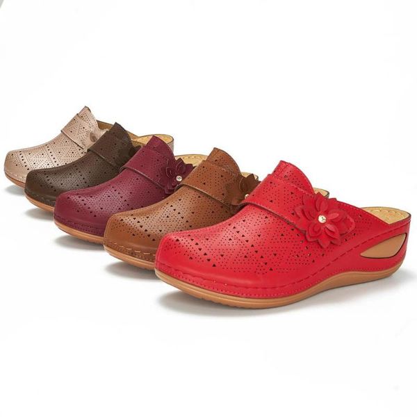 

women's casual plus size sandals wedge heel hollow round slippers shoes ladies pu leather sandalia feminina footwear zapatos, Black