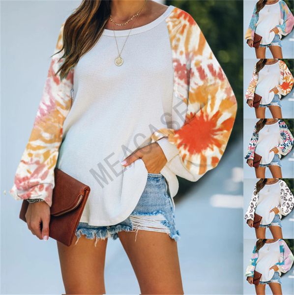 

women's blouses tie-dye patchwork pullover hoodies fashion ladies oversize long sleeve crew neck t-shirts sweatshirts boutique clothesd, White