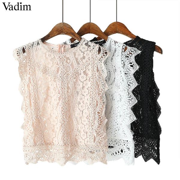 

vadim women sweet lace crop sleeveless o neck transparent blouse female hollow out short stylish shirts blusas wa242, White