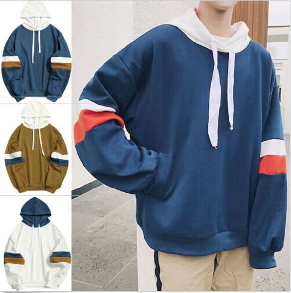 

fashion men's winter slim hoodies striped patchwork male warm hooded outwear long sleeve men cotton pullovers hoodies new, Black