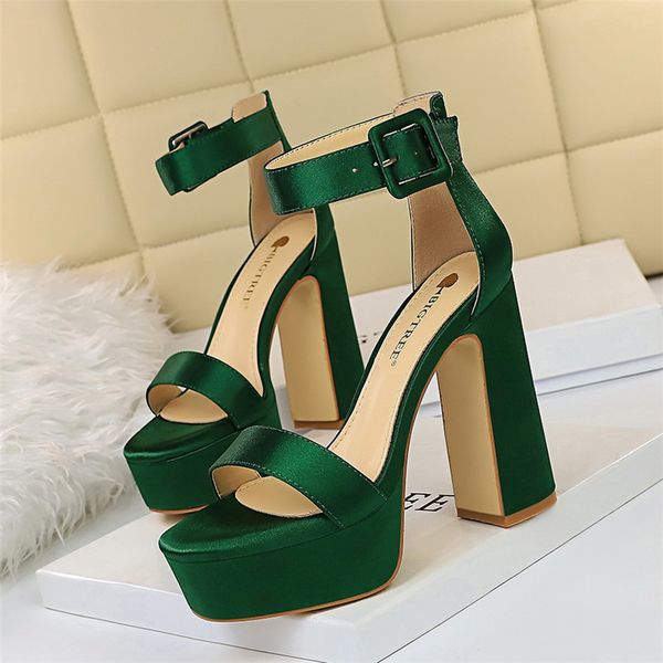 

bigtree waterproof sandles women sandals ankle strap silk solid women platform shoes green female 12cm high square heel, Black