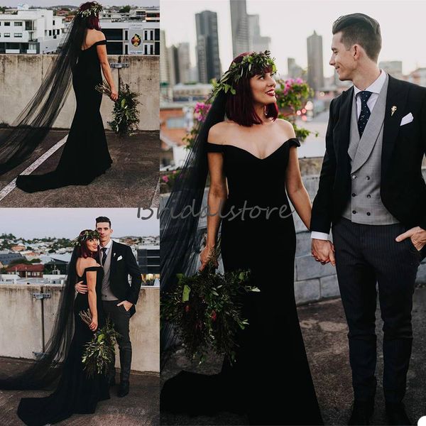 

vintage black satin wedding dresses country style 2021 mermaid gothic wedding dress off the shoulder simple bohemain bridal wedding, White