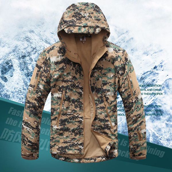 

outdoor jackets&hoodies men softshell tactical training fleece lined jacket with hood woodland digital camouflage, Blue;black