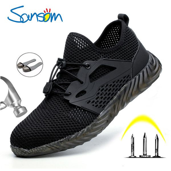 

sansom safety work shoes boots for men male protective steel toe cap boots anti-smashing construction safety work sneakers, Black