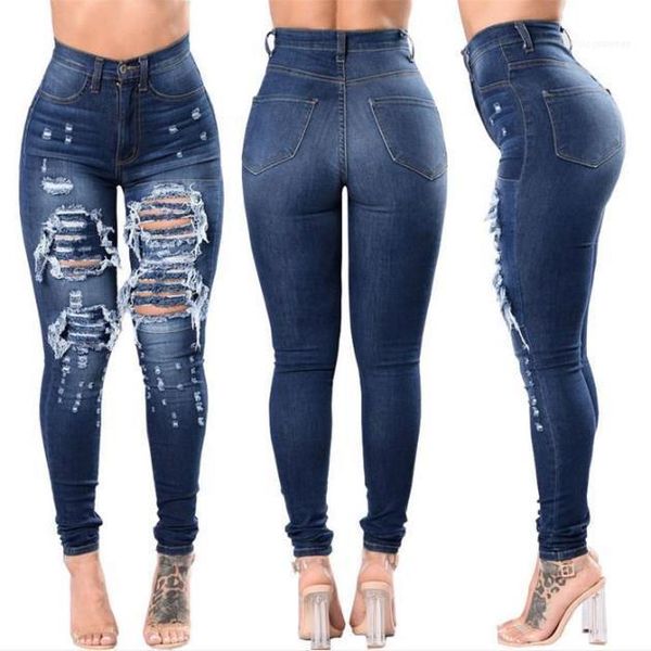 

ladies high waist spring autumn pencil jeans womens designer jeans fashion ripped denim jean slim hole, Blue