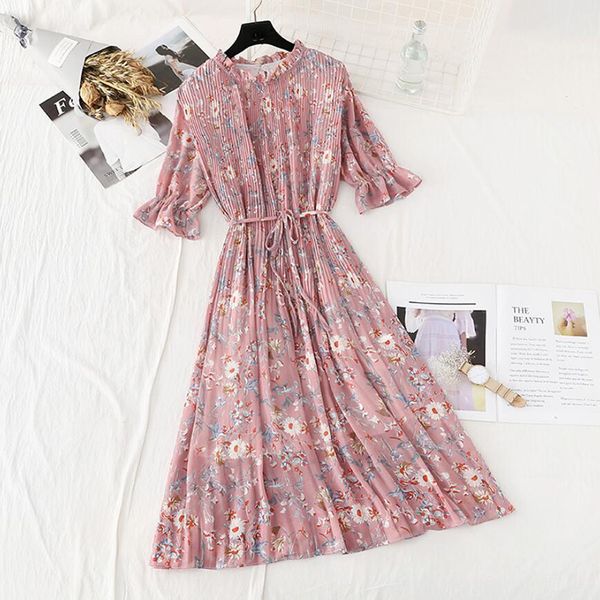 

2020 summer chiffon midi dress korean floral printing ruffles dresses casual short sleeve pleated hem elegant party vestidos, Black;gray