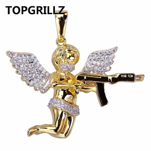 

rillz 2018 new style hip hop men jewelry necklaces copper gold color plated iced out cz stone cupid angel pendant necklace, Silver