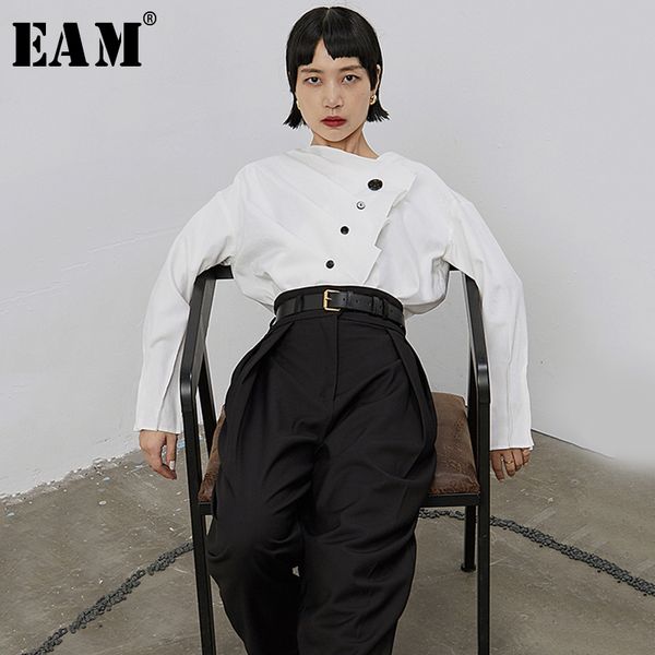 

eam] women white pleated button blouse new asymmetric long sleeve loose fit shirt fashion tide spring autumn 2020 1b670