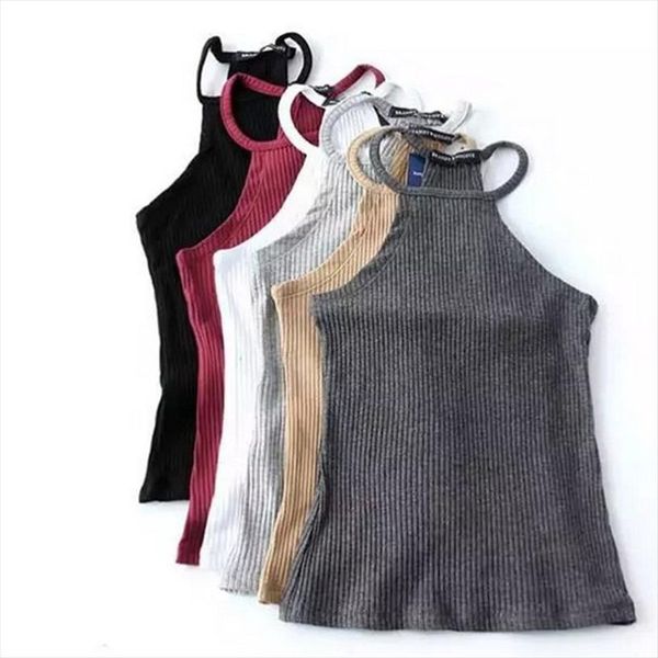 

women summer sleeveless tank halter round neck vintage striped thread ribbed knitted camisole basic sports tight slim vest, White