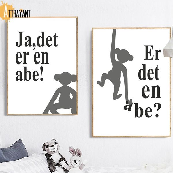 

monkey danish language quote nursery wall art canvas painting nordic posters and prints black white wall pictures baby kids room