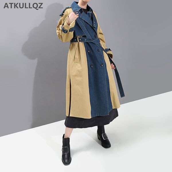 

retro windbreaker female stitching denim female jacket in the long section over the knee was thin and large size windbreaker, Black