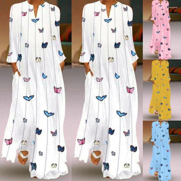 

long dress famale designer clothing womens butterfly print dress v neck long sleeve loose fashion spring autumn, Black;gray