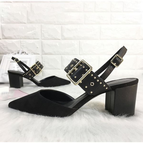 

женская мода сандалии toe rivet остроконечные офис женская обувь пряжки лодыжки ремень женщин летом 2020 квадратных каблуках женщина обувь, Black