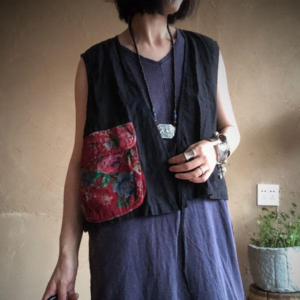 

women's vests johnature linen vintage patchwork 2021 autumn women thin breathable soft solid v-neck belt print pockets black, Black;white