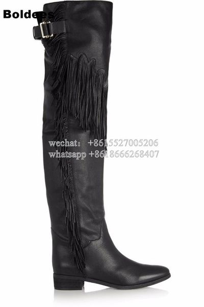 

fashion black brown pu leather over the kness boot women gladiator designer low heeled fringe winter long boots
