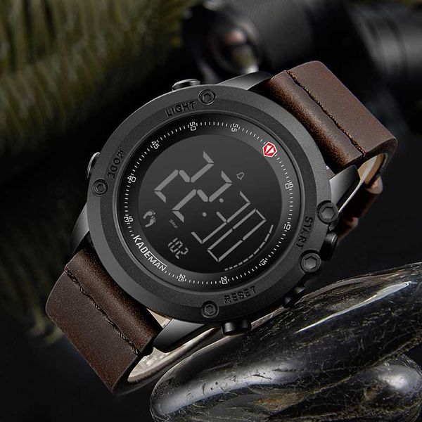 

brand men quartz watch watch digital sports step count clock luxury leather waterproof business relogio masculino, Slivery;brown