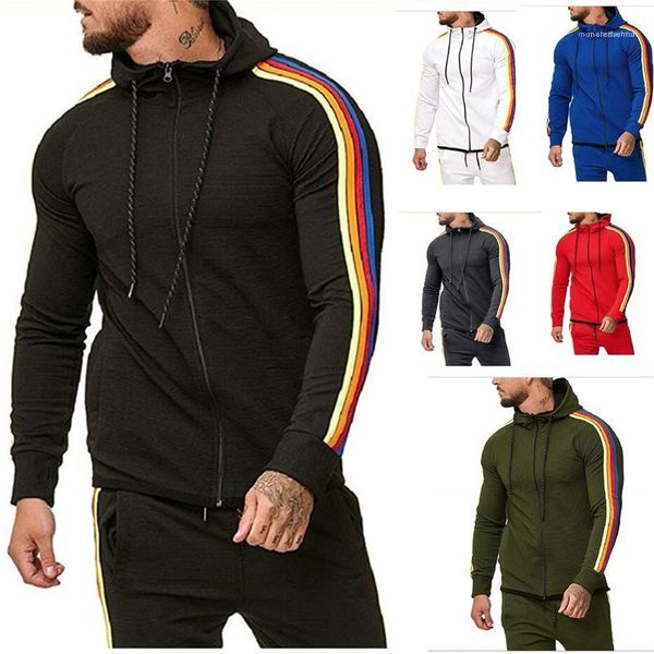 

mens hoodies fashion mulit pockets males clothing panelled mens designer hoodies casual slim chromatic stripe zipper, Black